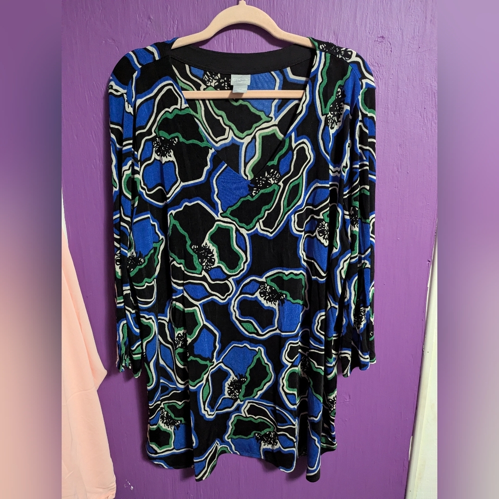 💜 Travelers By Chico's Black Green Blue Floral Print V-Neck Blouse XXL 20 22